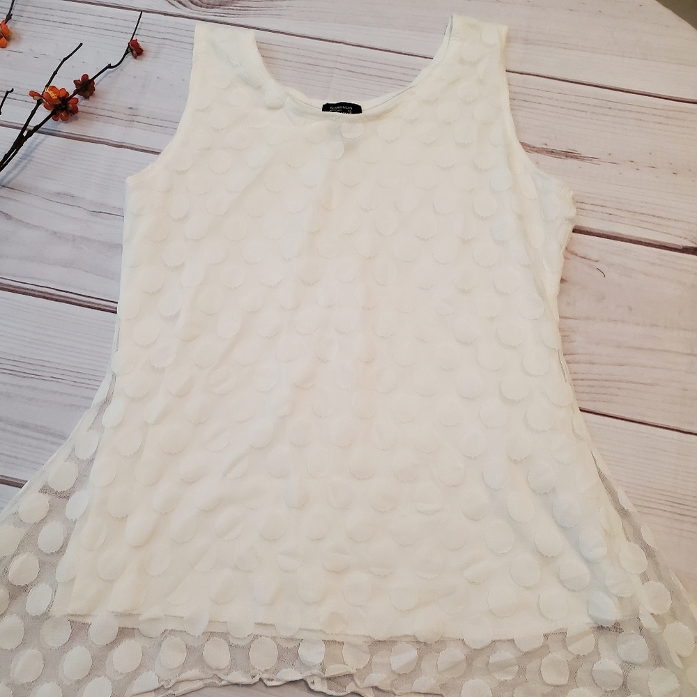 5/25 Shannon Ford White Layered Sleeveless Dots Shark Bite Lined Top Shirt L - Picture 2 of 6